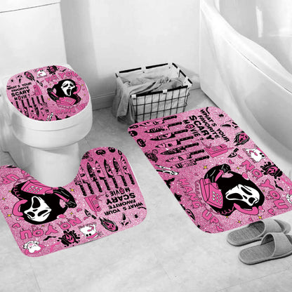 ONIBOGO 4Pcs Halloween Shower Curtain Set Gothic Pink Scary Shower Curtain Set for Halloween Bathroom Decor with Anti-Slip Waterproof Bathtub Bathroom Rugs Toilet Lid Cover