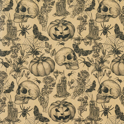 RUSPEPA 30" X 32.8' Kraft Autumn Wrapping Paper Large Paper Roll, Jumbo Roll, Vintage Black Skull, Spider, Pumpkin and Gothic Floral Design Kraft Gift Wrap for Fall Holiday and Halloween Party