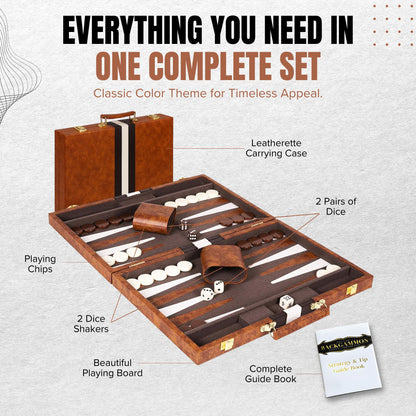 Premium Backgammon 18 Inches Large Brown - Backgammon Sets for Adults and Kids - Leatherette Back Gammon Board Game Set - Travel Backgammon Set Board Encased with Accessories
