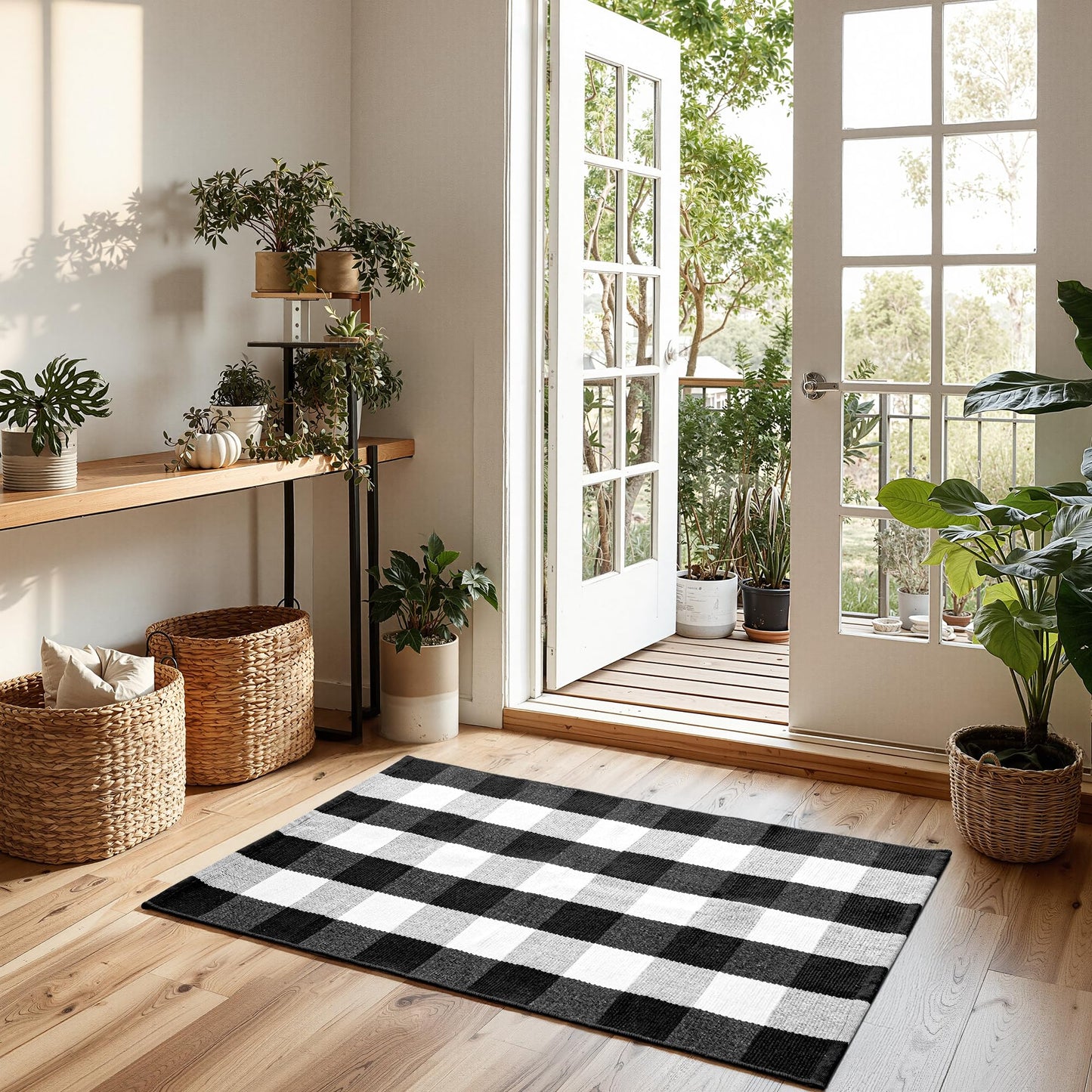 joybest Buffalo Plaid Doormats Rug 27.5 x 43 Inches Black and White Checkered Rug Cotton Hand-Woven Front Doormat Outdoor or Indoor Rugs for Front Porch, Farmhouse, Entryway