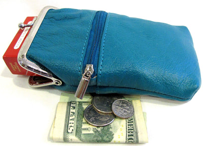 Women 100% Pure Leather Cigarette Case Lighter Match Pocket Zipper Coin Pouch -Teal