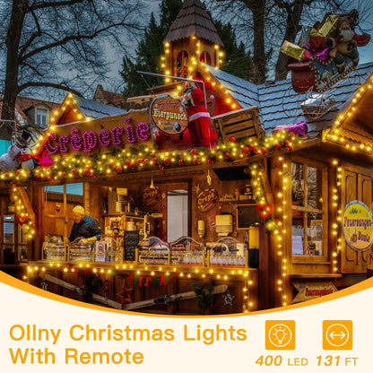 Ollny 400LED 131FT Christmas Lights Outdoor, Clear Wire Fairy Lights with Remote 3 Timer, Plug in 8 Modes String Lights for Bedroom Indoor Outside House Party Xmas Decorations, Warm White