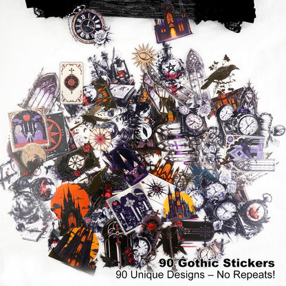 Moriquill 90PCS Gothic PET Stickers Set – Waterproof Die-Cut Stickers with Vampire Castles Clocks Tarot Potions for Scrapbook Journal DIY Cards Planners Halloween Crafts