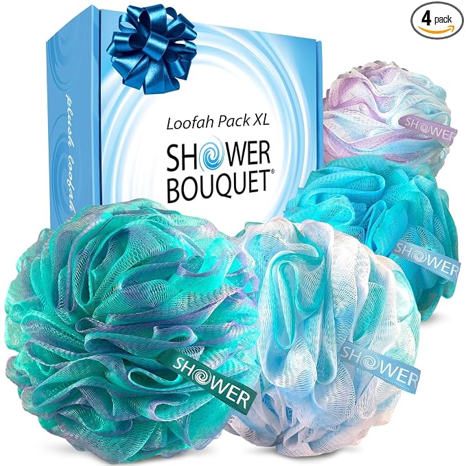 SHOWER BOUQUET Loofah-Bath-Sponge XL Swirl-Mix-Color 4-Pack // Extra-Large 75g Mesh Luffa Loofa Loufa Puff Pouf Set/Exfoliating Body Scrubber for Women and Men - Exfoliate & Soothe Face & Body