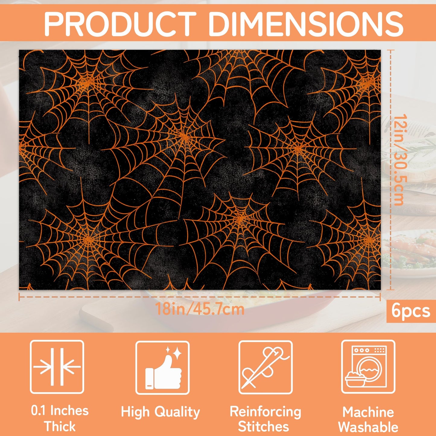 Spider Web Placemats Set of 6,Halloween Dinner Table Mats Non-Slip Washable Mats for Kitchen Dinner Party Tablemat 12x18Inch