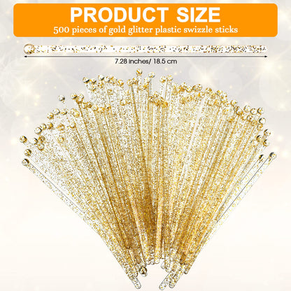 500 Pcs Gold Glitter Plastic Swizzle Sticks Crystal Cake Pops Disposable Cocktail Stir Sticks Round Ball Top Stirrers Gold Lollipop Stick for Drinks Coffee Cocktail, 7.28 Inches