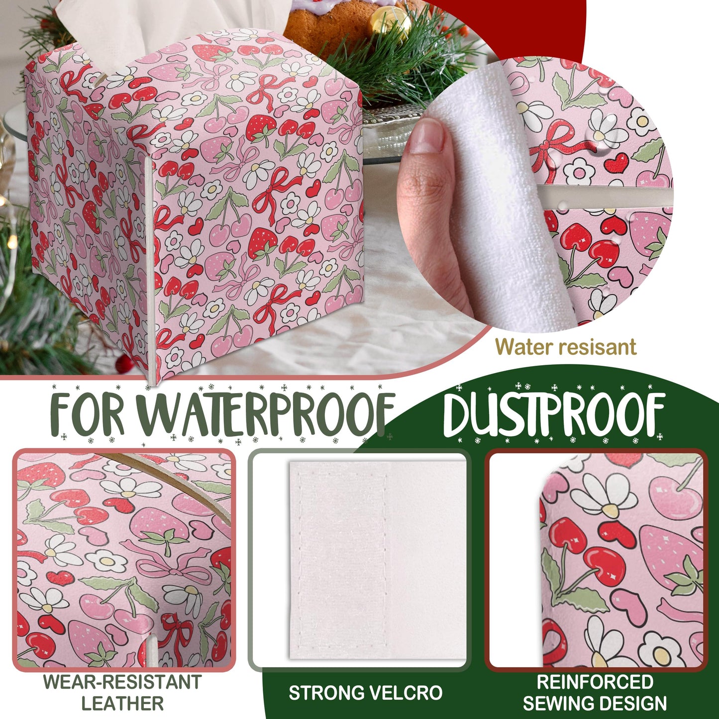 Modern Square Leather Tissue Box Cover/Case Holder Gifts for Women Family and Friends, Decorative Holder/Organizer for Bathroom Kitchen Nightstand Office Home (Red Bow Strawberry)
