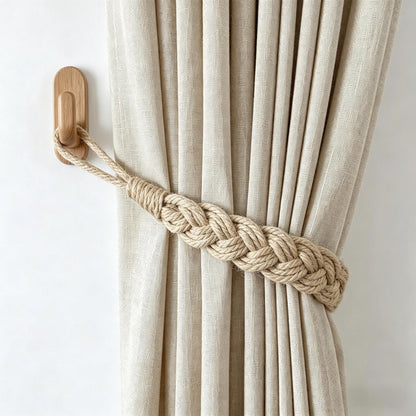 Hand-Braided Faux Linen Curtain Tiebacks with Wall Hooks, Boho Window Curtain Tie Back Holdback, 25 inch Extra Long Rope for Living Room Bedroom, Set of 4,Linen
