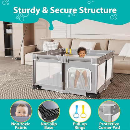 ICAREWAY Foldable Playpen for Babies and Toddlers, 50x50 Inches Portable Playpen, Kids Collapsible Play Pen with 2 Handlers, Indoor & Outdoor Baby Fence Play Area with Visible Mesh, Light Gray