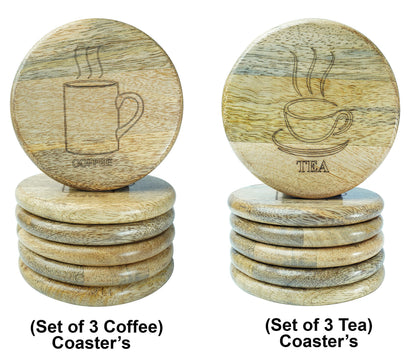 Wooden Coaster for Coffee Cups Glass & Can Table Decor | Wooden Coaster Set of 6 | 3 Round Coffee & 3 Square Tea Style Coaster Set | Handmade Design for Mug & Cup