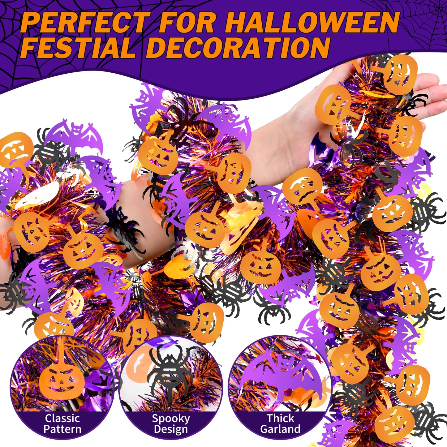 66 Ft Halloween Tinsel Garland, Purple Black Orange Glitter Tinsel Garlands with Pumpkin Bat Spider Metallic Twist Hanging Streamers Decoration for Halloween Party Home Indoor Outdoor Decor Supply