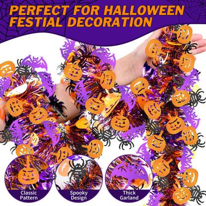 66 Ft Halloween Tinsel Garland, Purple Black Orange Glitter Tinsel Garlands with Pumpkin Bat Spider Metallic Twist Hanging Streamers Decoration for Halloween Party Home Indoor Outdoor Decor Supply