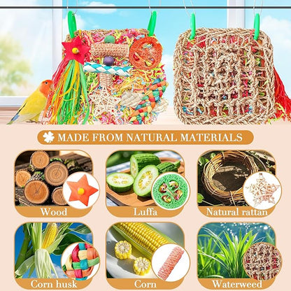 Parakeet Toys, Bird Toy Conure Grass Mat Budgie Shredder Hanging Set Cockatiel Foraging Toys Parrot Climbing Wall Toy Lovebird Cage Accessories for Small Birds
