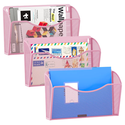 EasyPAG Wall File Organizer 3 Pack, Hanging File Organizer Wall Mount, Metal Mesh Folder Holder for Letter/A4 Papers, Mail Sorter for Office, Classroom, Home, Pink