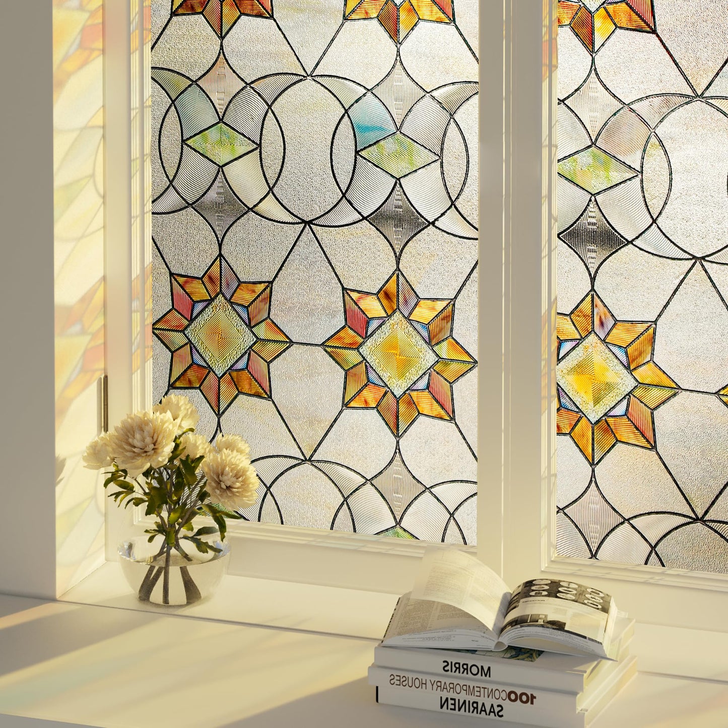 Oxdigi 3D Stained Glass Window Film - Static Cling Privacy Protection & UV Blocking, Floral Geometry Pattern 23.6x35.4 (No Residue, Reusable)