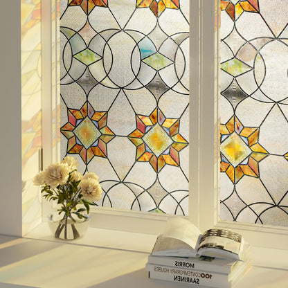 Oxdigi 3D Stained Glass Window Film - Static Cling Privacy Protection & UV Blocking, Floral Geometry Pattern 23.6x35.4 (No Residue, Reusable)