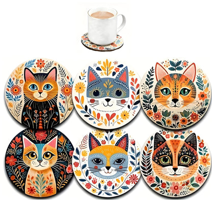 Coasters Set of 6, Cute Drink Coasters for Cat Lovers, Thick Heat-Resistant Wood Coasters for Coffee, Office, Bar & Tabletop Protection, Funny Home Decor |NAJIKA