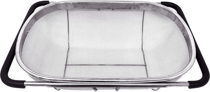 Makerstep Over the Sink Colander Strainer Basket Stainless Steel, For Kitchen Sink with Rubber Grip, Fine Mesh, Large Kitchen Gadgets Tools, Expandable Home Kitchen Essentials