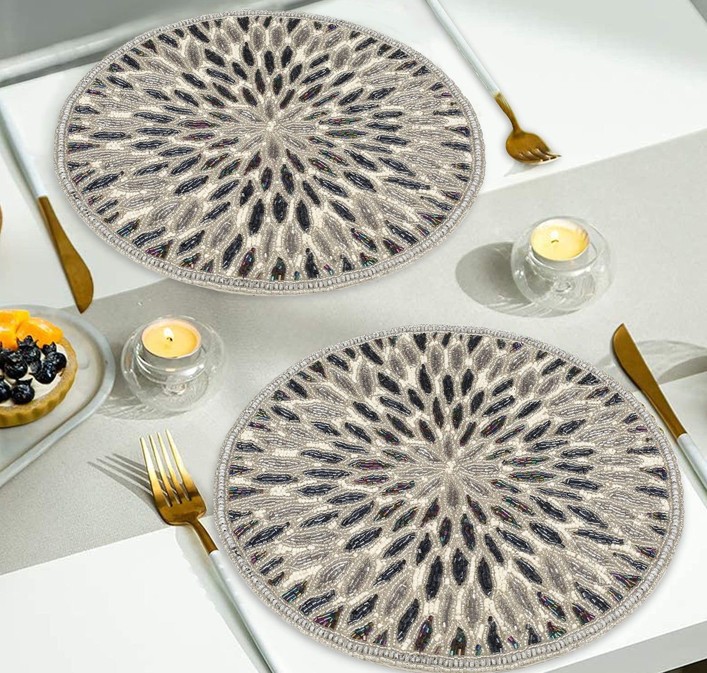 Beaded Charger 13" Round Floral Marigold - Silver Dark Grey Placemat for Dining Table, Holiday & Christmas