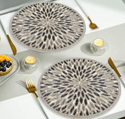 Beaded Charger 13" Round Floral Marigold - Silver Dark Grey Placemat for Dining Table, Holiday & Christmas