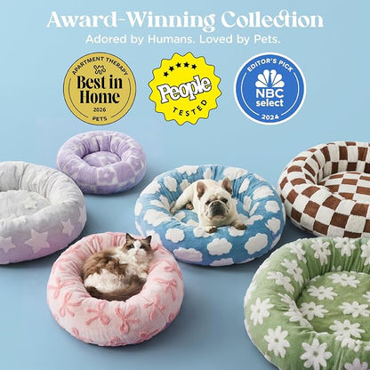 LE SURE Shown on TV Donut Dog Bed Medium - Round Cat Beds Indoor as Bed Gift for Calming with Washable Cover, Cute Home Decor Bed with Jacquard Shaggy Plush & Anti Slip Bottom, 30 Inch, Flower Checks