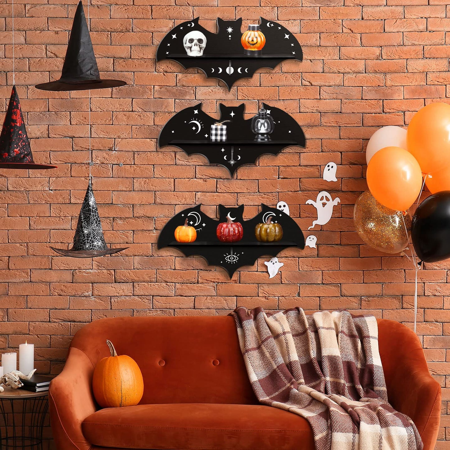 Geetery 3 Pcs Bat Floating Wall Shelf Black Gothic Wall Shelves Decor 15.74 Inch with Hooks for Halloween Party Living Room Bedroom Kitchen Bathroom