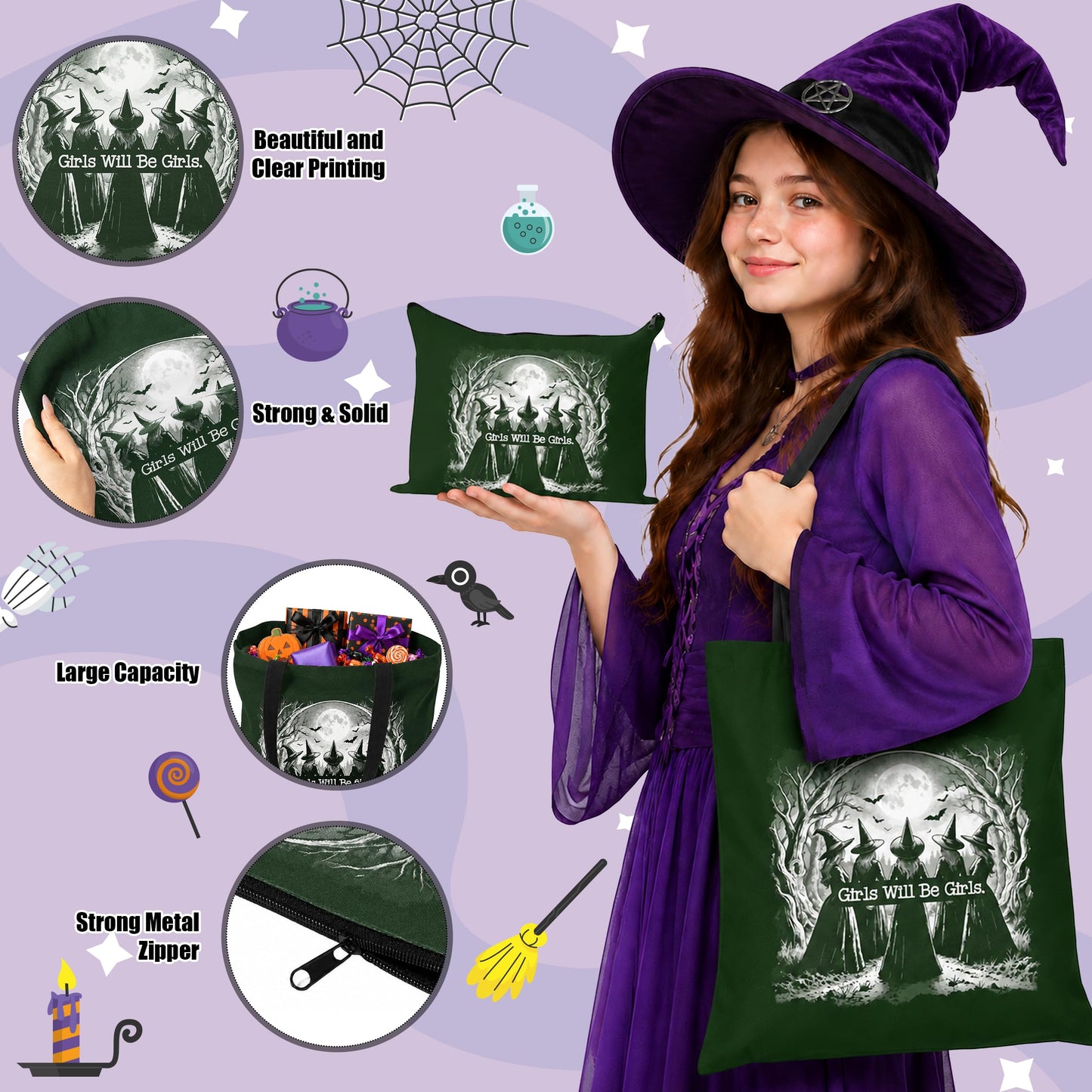 Laffact Aesthetic Witchy Canvas Bag for Women - 2Pcs Cute Girls Will Be Girls Quotes Canvas Tote Bag Makeup Pouch, Funny Black Magic Witch Reusable Grocery Shopping Handbag Gift for Halloween Birthday