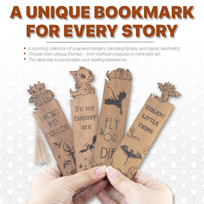 Dragon Bookmarks – Set of 4 Wooden Fantasy Bookmarks with Tassels, Made from Walnut Wood, Inspired by Mythical Dragons and Epic Adventures, Perfect for Book Lovers (Cute Dragon)