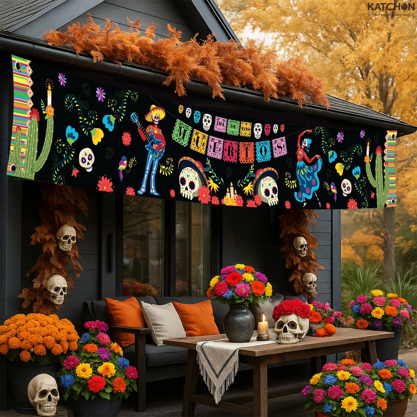 KatchOn, Day of the Dead Yard Banner - XtraLarge, 120x20 Inch | Mexican Halloween Banner for Day of the Dead Decorations | Dia De Los Muertos Backdrop, Dia De Los Muertos Decorations