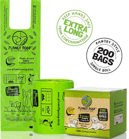 PLANET POOP Home Compostable Dog Poop Bags Extra Long with Handles | Large Single Roll 200 Count Grab & Go | Un-scented Waste Bag | Leakproof Doggy & Cat Bags | Plant-Based Pet Supplies
