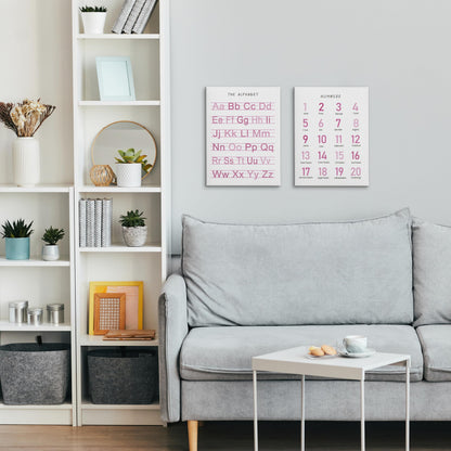 HRQKO Alphabet Numbers Nursery Canvas Wall Art Set of 2, Pink Kids Room Decor Framed Art, ABC Numbers Educational Posters Wall Decor for Classroom Toddler Kids Nursery Bedroom Playroom, 11x14 inch