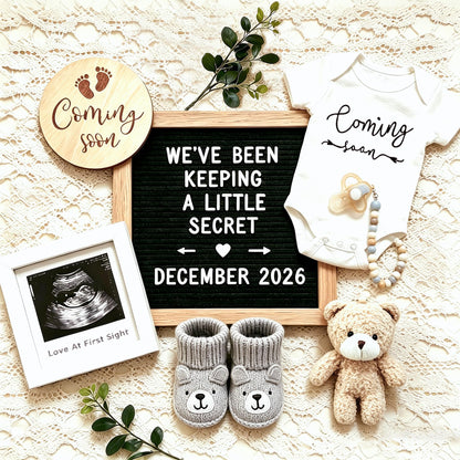 Pregnancy Announcement, Baby Announcement Ideas Set Include Felt Letter Board, Baby Onesie, Booties, Photo Frame, Wooden Sign and Bear Plush, Pregnancy Announcement Photo Props Coming Soon Baby Announcement