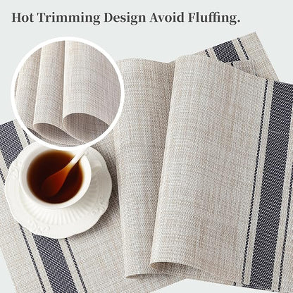 Leetaltree Khaki-Blue Placemats, Heat Resistant Non-Slip Place mats for Dining Table, Washable Durable PVC Vinyl Woven Table Mats (Set of 4)