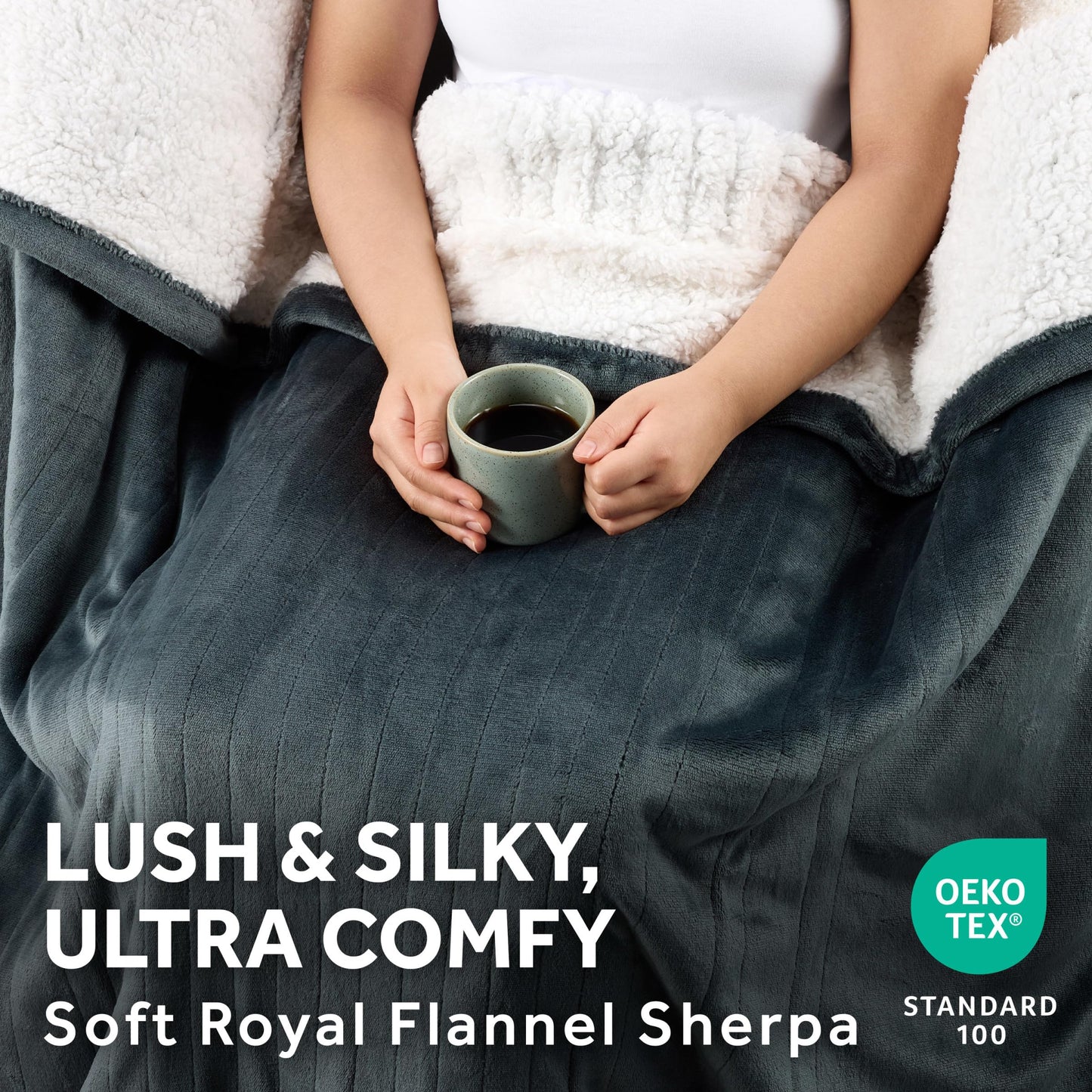 Sunbeam Electric Throw Royal Mink Sherpa Heated Blanket, 4 Heat Settings, 4-Hour Auto Shut-Off, Fast Heating, Luxurious and Ultra Comfy, Night Fog Color, 50" x 60"