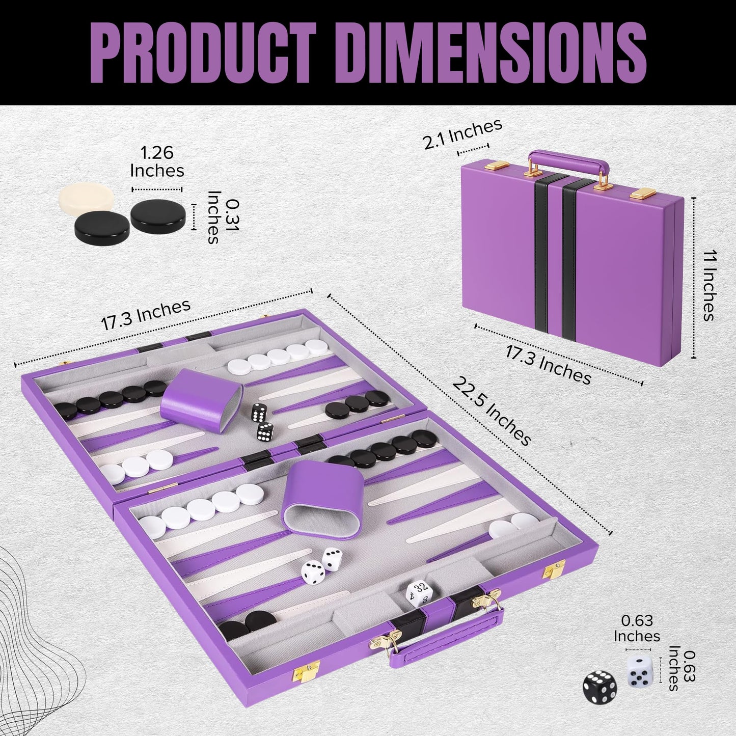 Premium Backgammon 18 Inches Large Purple - Backgammon Sets for Adults and Kids - Leatherette Back Gammon Board Game Set - Travel Backgammon Set Board Encased with Accessories