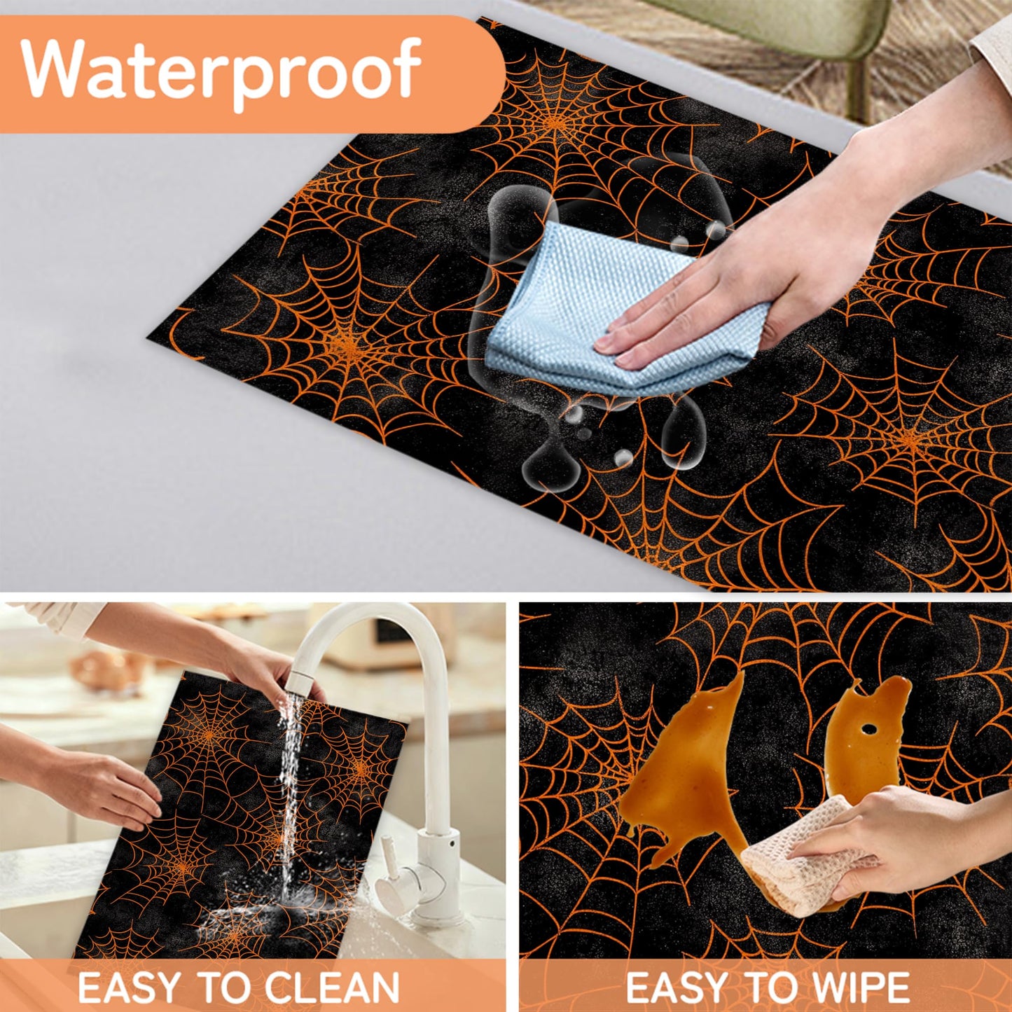 Spider Web Placemats Set of 6,Halloween Dinner Table Mats Non-Slip Washable Mats for Kitchen Dinner Party Tablemat 12x18Inch