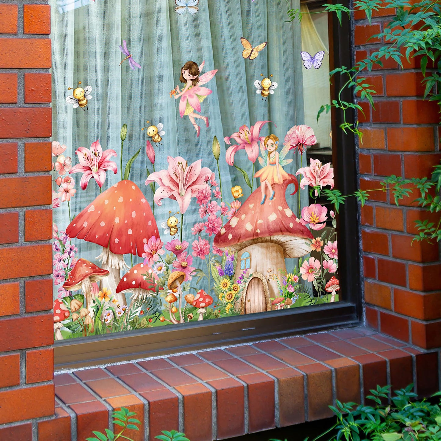AOLTNRC Fairy Garden Window Clings, Double-Side Glass Decals Enchanted Mushroom House with Flowers and Butterflies Glass Stickers, Reusable Nursery Room Home Decor (Pink)