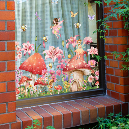 AOLTNRC Fairy Garden Window Clings, Double-Side Glass Decals Enchanted Mushroom House with Flowers and Butterflies Glass Stickers, Reusable Nursery Room Home Decor (Pink)