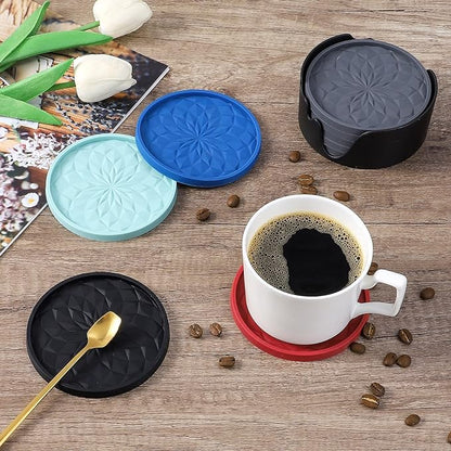 ME.FAN Silicone Coasters with Holder,[6 Pack] Drinking Coasters - Cup Mat for Hot or Cold Drinks, Thickened, Non-Slip, Non-stick,Deep Tray Sky Blue