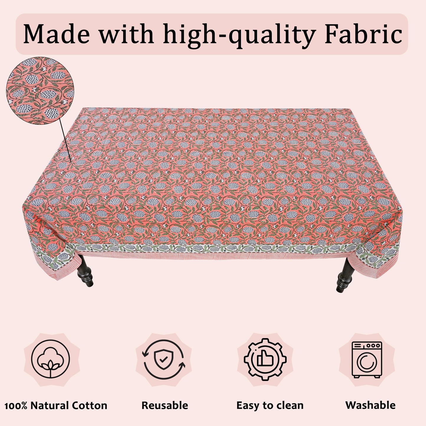 Ridhi Dark Salmon Pink Hand Block Print Cotton Rectangle Tablecloth 60" x 60" inches Reusable Table Cover Decorative Everyday Use for Dining Room, Farmhouse, Home Gift for Spring, Mother's Day