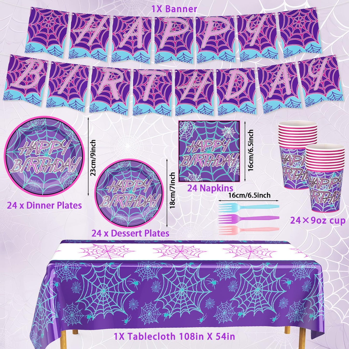 FoldTier 24 Set Spider Birthday Supplies and Decorations Spiderweb Party Plates and Napkins Spider Tablecloth and Banner for Halloween Christmas Party Favor(1 Tablecloth,Purple Happy Birthday)
