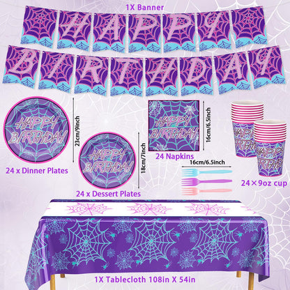 FoldTier 24 Set Spider Birthday Supplies and Decorations Spiderweb Party Plates and Napkins Spider Tablecloth and Banner for Halloween Christmas Party Favor(1 Tablecloth,Purple Happy Birthday)