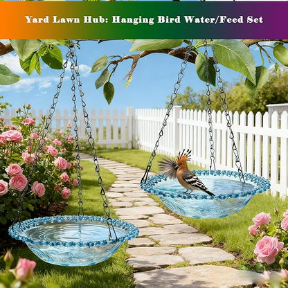 2 Pack Super Value Hanging Plastic Bird Baths and Feeders for Outdoors Bird Water Bowls and Seed Trays Set Attract Wild Birds Garden Yard Decor Gift (Blue)