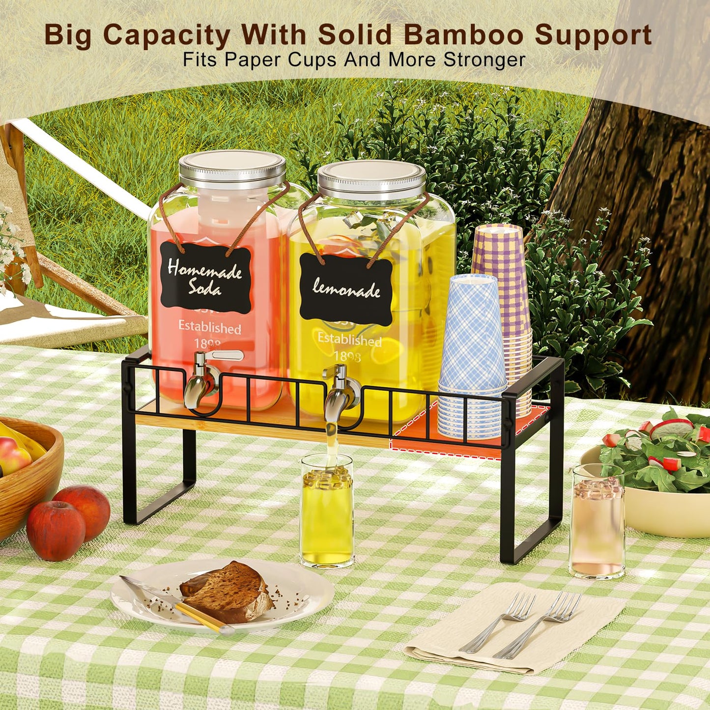 Zuyachuza 2-pack 1 Gallon Drink Dispenser,Glass Beverage Dispenser with Spigot,Lemonade dispenser Bamboo Stand for Outside, Glass Drink Dispensers for Parties with Ice Core
