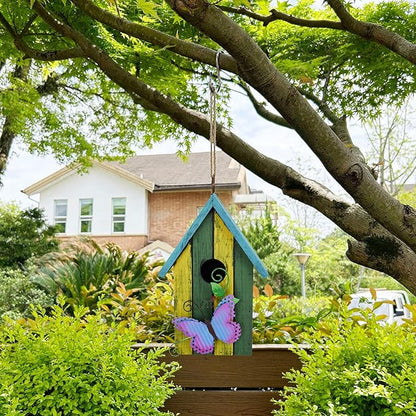 Bird House for Outside Hanging Rustic Wood Bird House Outdoor Garden Patio Hand Painted Decorative Birdhouse for Finch Bluebirds Sparrows Chickadees Cardinal (Butterfly)