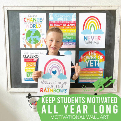 Hadley Designs Motivational Poster for Classroom Decor - 9 Growth Mindset Classroom Posters Elementary, Inspirational Wall Decor Middle School, Teacher Must Haves, Rainbow Bulletin Board Decorations