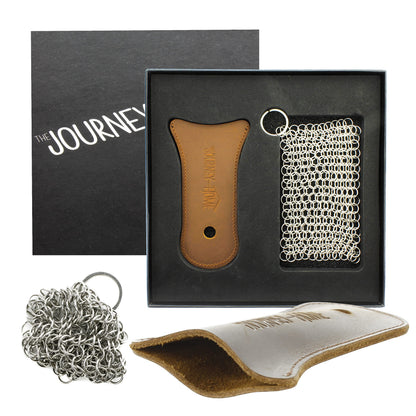 The Journey Home Cast Iron Skillet Handle Covers - Cast Iron Handle Cover w/Metal Scrubber - Heat Resistant Leather Pan Handle w/Hole - Cast Iron Accessories - Gift Sets for Men - Chainmail Scrubber