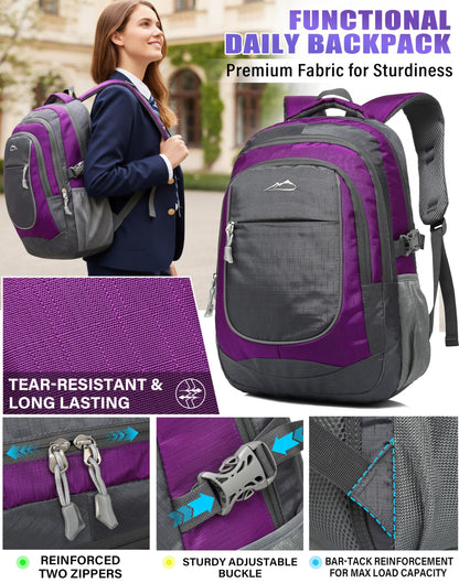 ProEtrade Backpack Bookbag for College Sturdy Travel Business Hiking Fit Laptop Up to 15.6 Inch Multi Compartment Gifts for Men Women Night Light Reflective (Purple A)