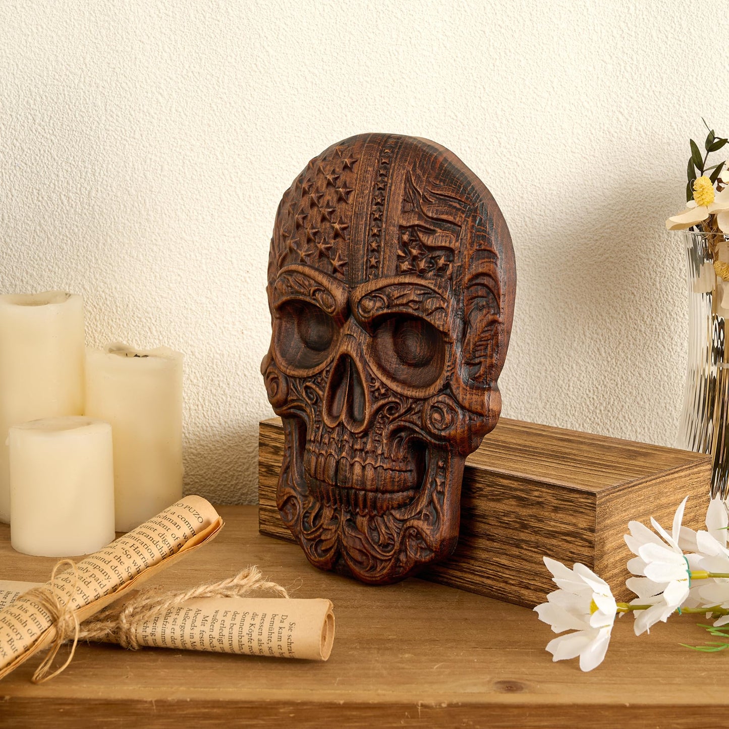 bgcarpenter Wooden Skull Statue with USA Flag, Handmade Skull Wall Decor, Human Head Model Halloween (8 Inch)