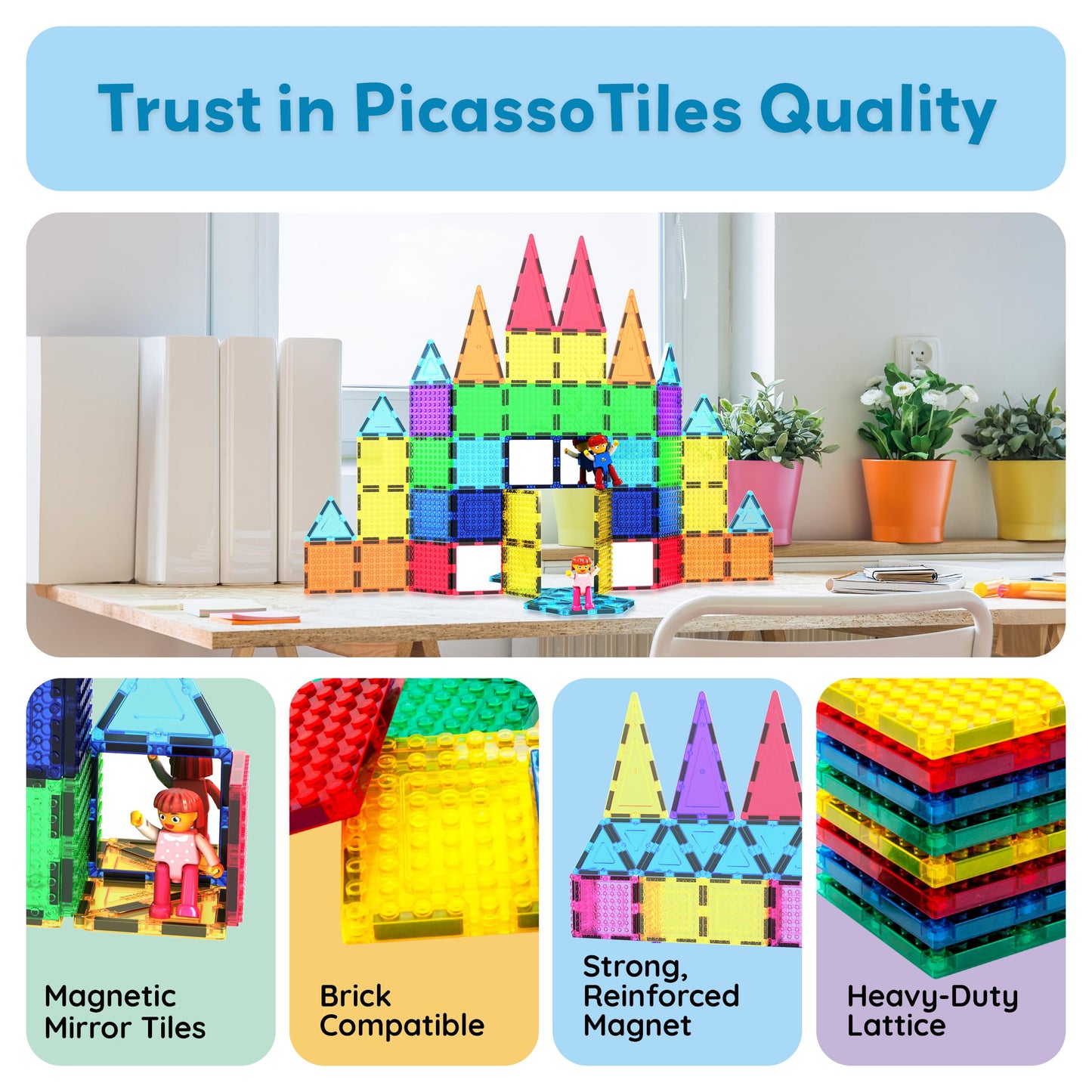 PicassoTiles 63pc Magnetic Tile Building Block Set with 2 Character Figures STEM 3D Construction Educational Toy for Kid Toddlers Boys Girls Age 3 Plus Montessori Learning Playset Creativity Kit PTL63